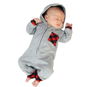 Newborn Infant Baby Boy Girl Plaid Hooded Romper Jumpsuit Outfits Clothes