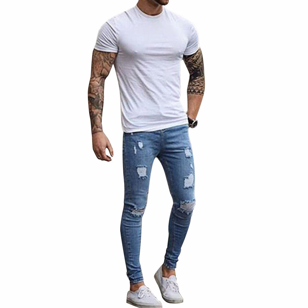 Fashion Destroyed Torn Pants Men's Pant Zipper Skinny Jeans (Blue)