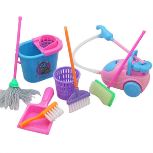 9pcs Mini Simulation Home Cleaning Tools Playset Mini Floor Broom Mop Dust Collector Toy for Barbie Doll House Cleaning