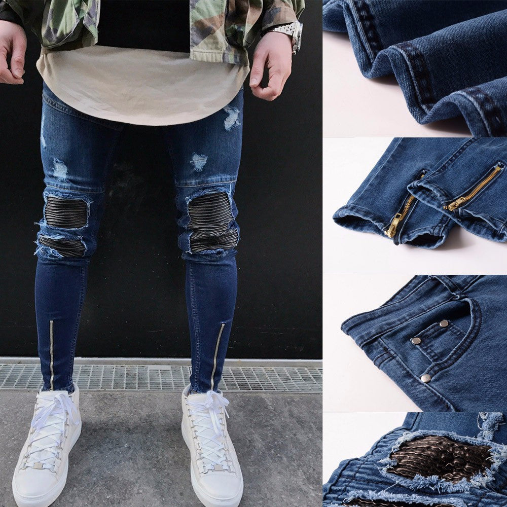 Mens Ripped Slim Fit Motorcycle Vintage Denim Jeans Hiphop Streetwear Pants