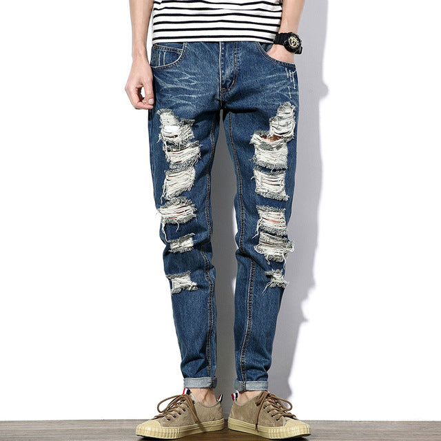 2018  man's pants Spring fashion BREAK Hole personality jeans men Cotton beggar men's jeans Slim fit trousers