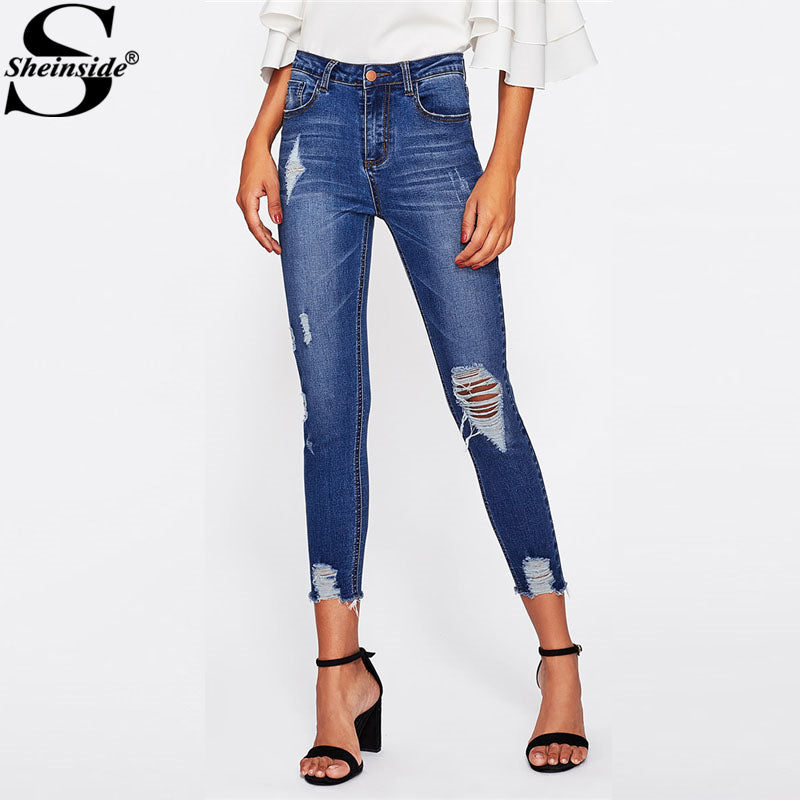 Sheinside Blue Bleach Wash Distressed Rock Denim Jeans Women Casual High Waist Button Fly Ripped Pants 2018 Skinny Jeans