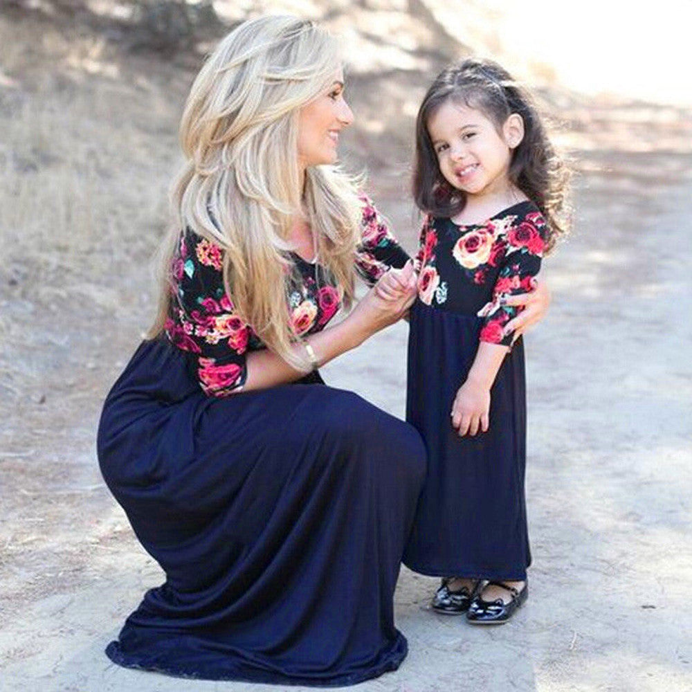 Girls Daughter Matching Floral Mom Kids Half Sleeve Maxi Long Dress