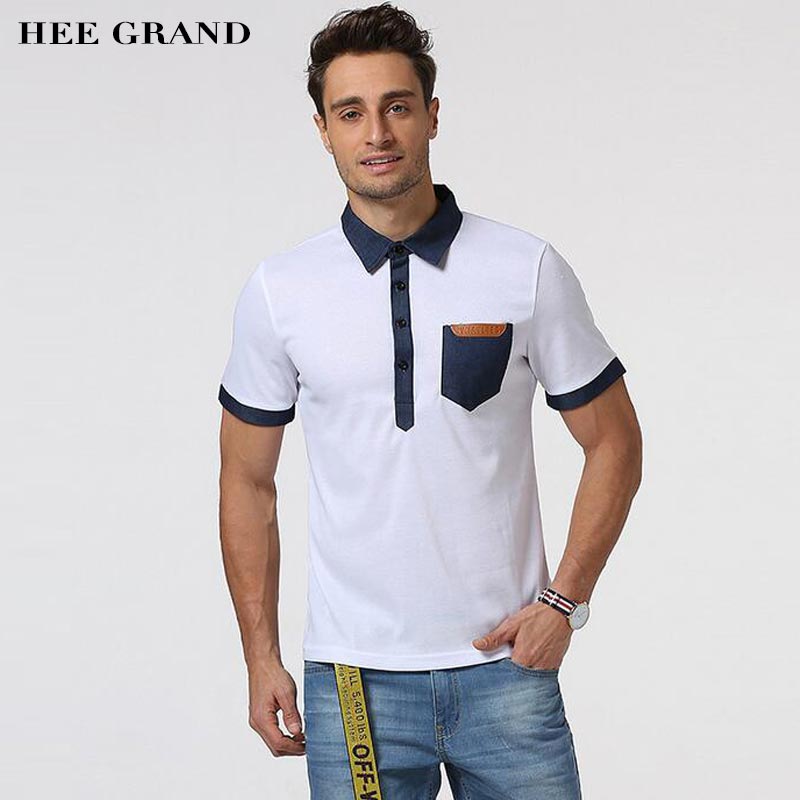 HEE GRAND 2018 New Arrival Men Summer Short Sleeve Polo Main Cotton Material Demin Spliced Pocket Design Male Polo Shirt MTP472