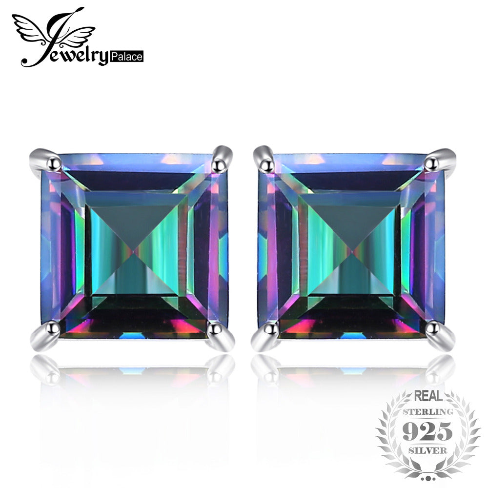 Square 6ct Natural Mystic Rainbow Topaz Earrings Stud For Girl Genuine Real Solid 925 Sterling Silver Gem Stone Jewelry NEW