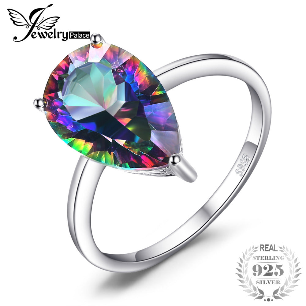JewelryPalace 3ct Genuine Natural Rainbow Fire Mystic Topaz Ring Rear Concave Cut Pure Solid 925 Sterling Silver Fashion