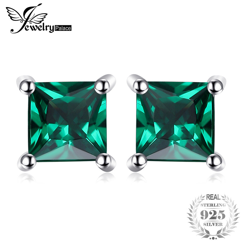 JewelryPalace Square 0.6ct Created Created Emerald 925 Sterling Silver Stud Earrings Classic Fine Jewelry for Women