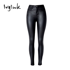 ivyink Sexy PU Leather Femme Shinny Moto & Pencil Pants Black High Waist Button Ladies Danim Stretch Full Length Women's jeans