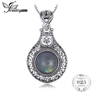 JewelryPalace New Vintage 2.6ct Genuine Labradorite Carved Pendants For Women 925 Sterling Silver Fine Jewelry Not Include Chain