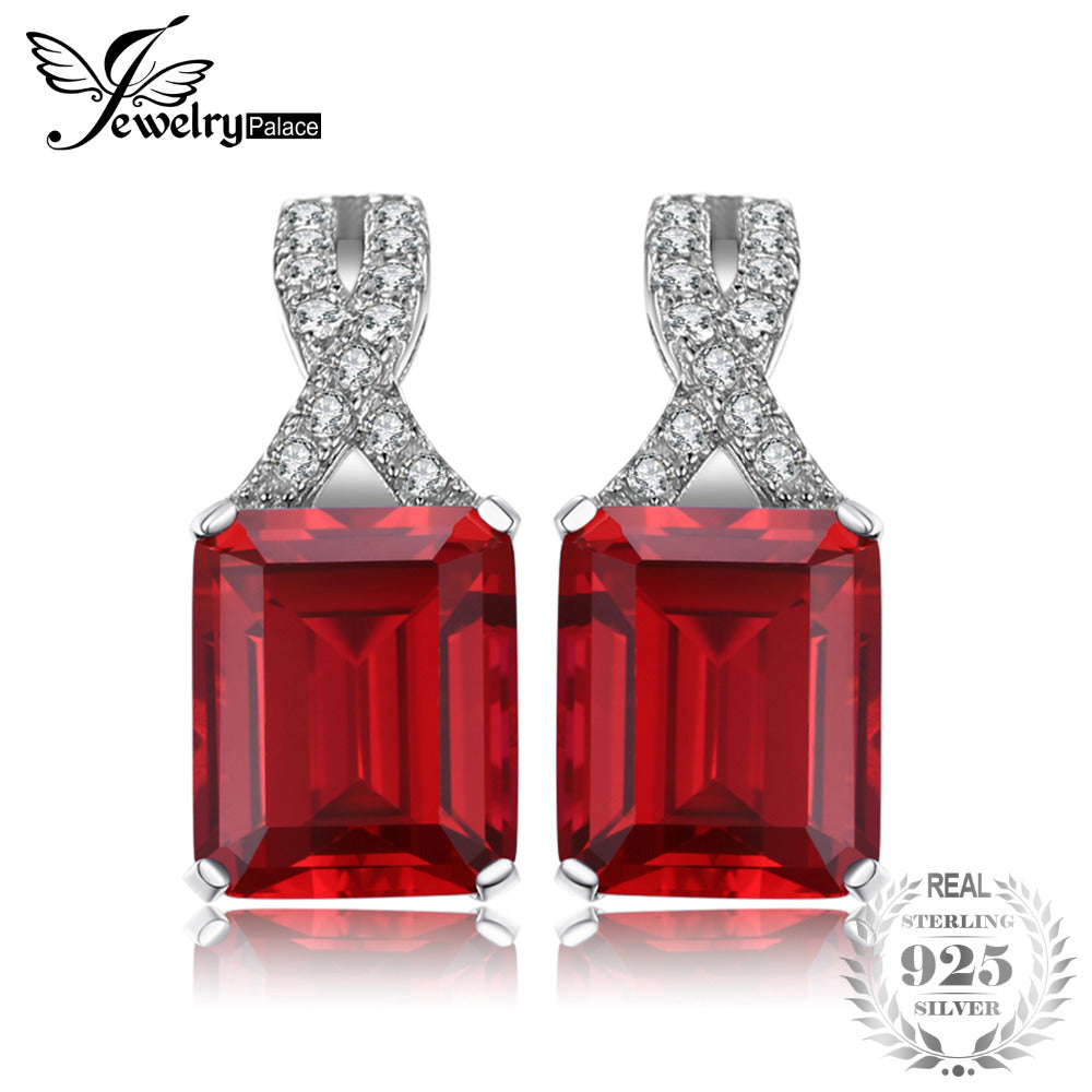 JewelryPalace Emerald Cut 6ct  Red Created Ruby Clip On Earrings 925 Sterling Silver Statement Earring Fine Jewelry for Women