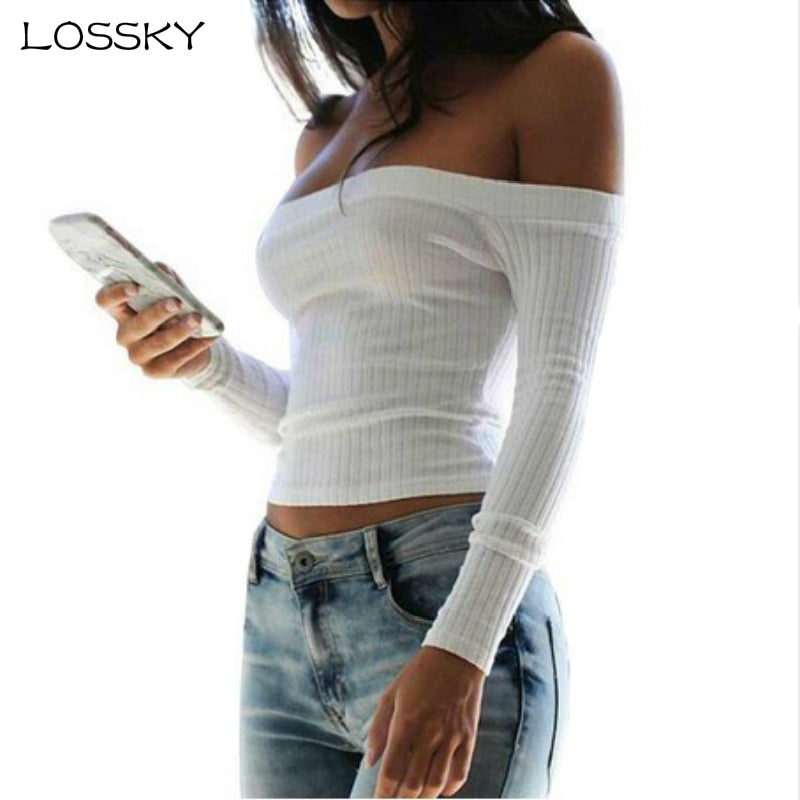 Lossky Women T Shirt Off Shoulder Crop Top For Women Long Sleeve Solid Short T-Shirt Women Slash Neck Cotton t shirt women White