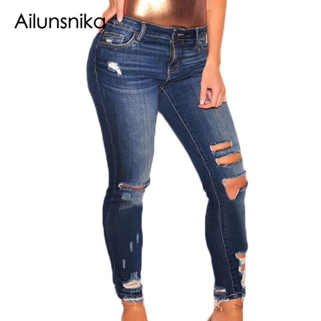Ailunsnika Ripped Jeans for Women Dark Blue Denim Destroyed Ankle Length Skinny Jeans Mid Waist Women Jeans XXL Size LC78677