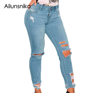 Ailunsnika Ripped Jeans for Women Dark Blue Denim Destroyed Ankle Length Skinny Jeans Mid Waist Women Jeans XXL Size LC78677