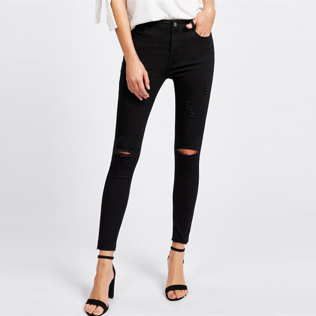 COLROVIE Knee Rips Hem Skinny Ankle Women Basic Jeans 2018 New Spring Mid Waist Casual Female Bottoms Black Plain Denim Jeans